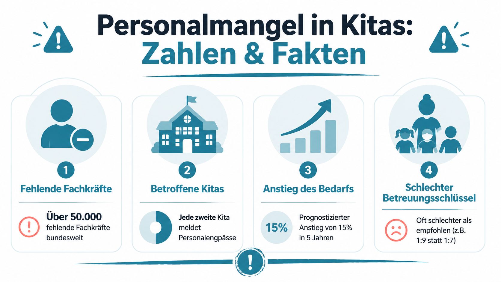 Eine Infografik über den Personalmangel in Kindertagesstätten mit vier Kernpunkten und statistischen Daten in Deutschland.