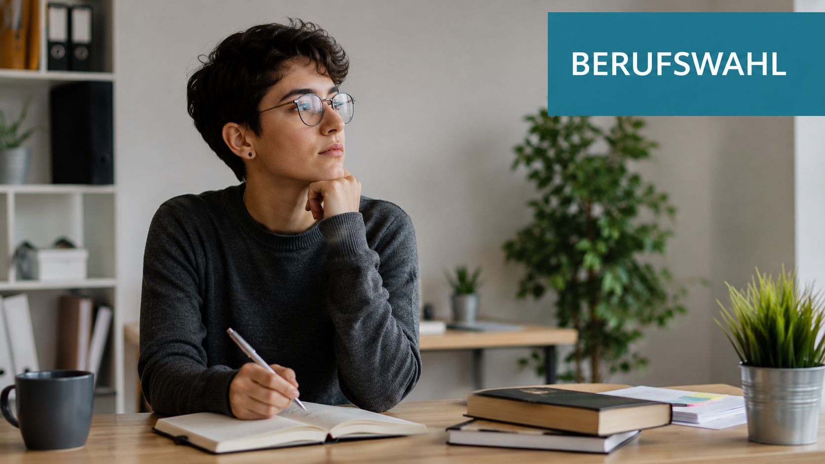 Eine junge Person sitzt nachdenklich am Schreibtisch und notiert Gedanken zur Berufswahl in einem Notizbuch.