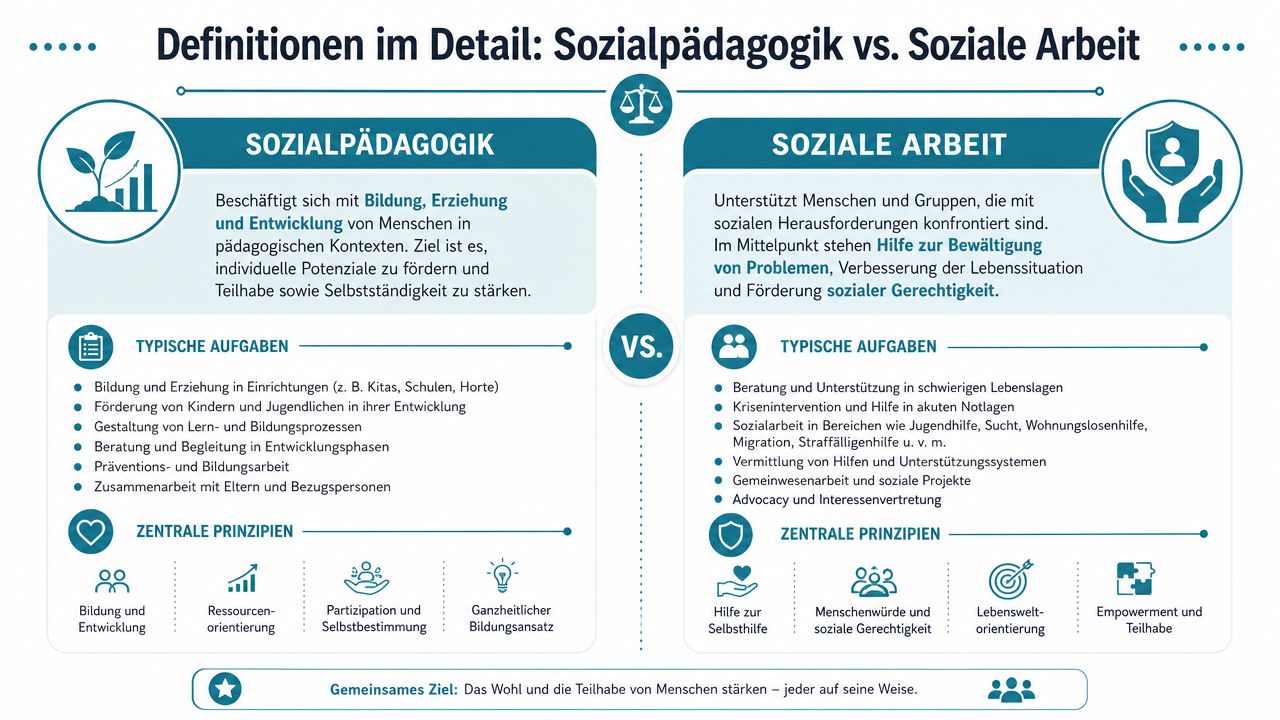 Vergleichsgrafik zwischen Sozialpädagogik und Sozialer Arbeit mit Fokus auf Definitionen, typischen Aufgaben und den zugrundeliegenden Prinzipien.