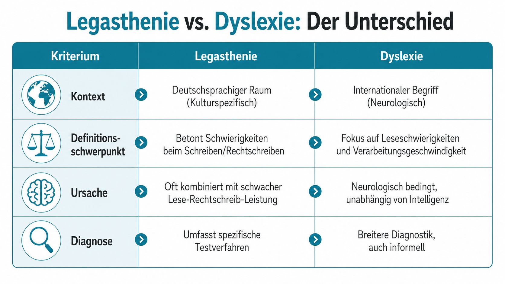 Eine Vergleichstabelle, die die Unterschiede zwischen den Begriffen Legasthenie und Dyslexie in verschiedenen Kategorien übersichtlich darstellt.
