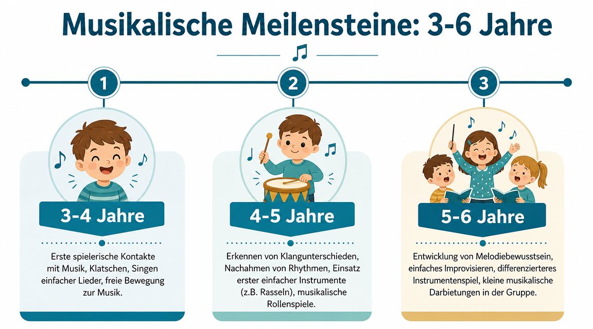 Infografik über musikalische Meilensteine bei Kindern im Alter von drei bis sechs Jahren in drei Entwicklungsstufen.