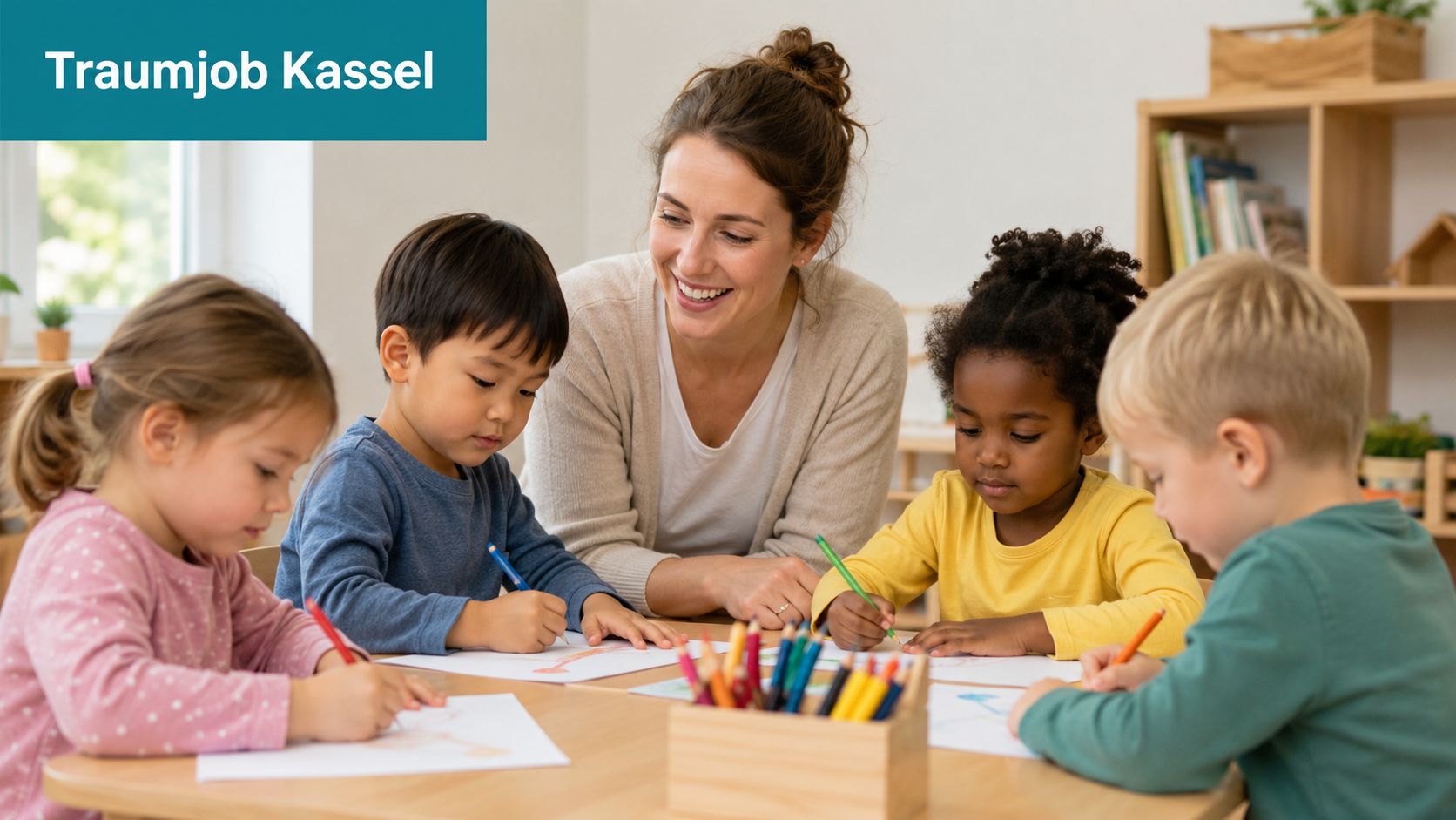 Eine lächelnde Erzieherin unterstützt eine diverse Gruppe von Kindern beim gemeinsamen Malen in einem hellen Gruppenraum.