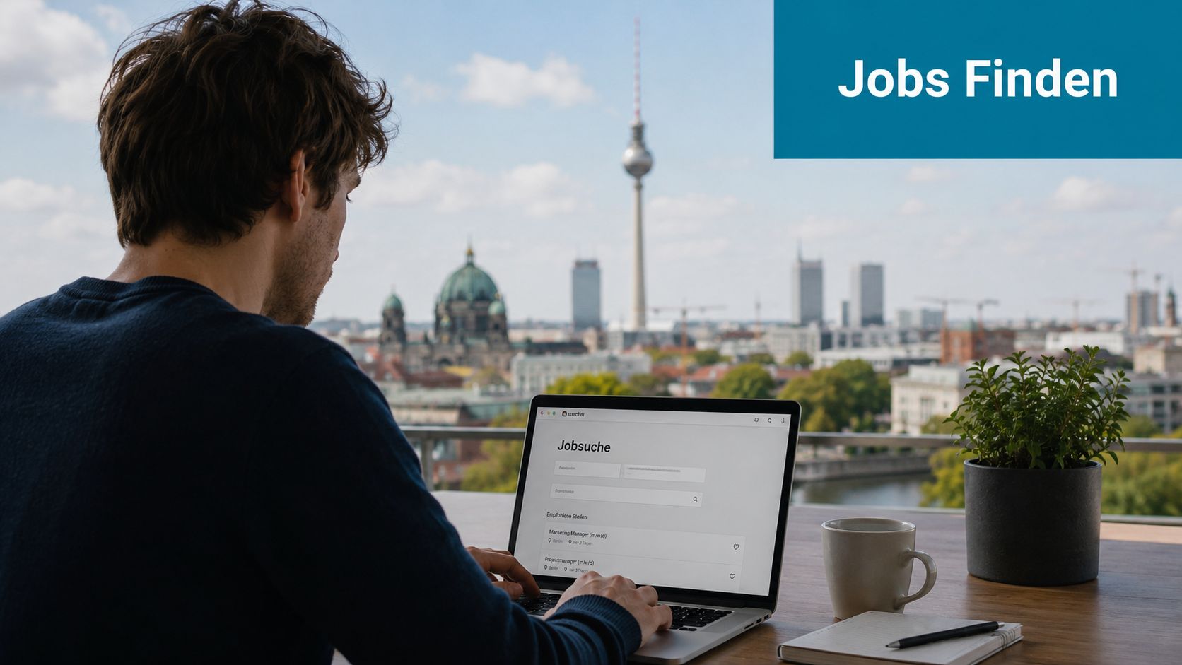 Ein Mann sitzt an einem Laptop mit Blick auf die Berliner Skyline und sucht nach Jobs.