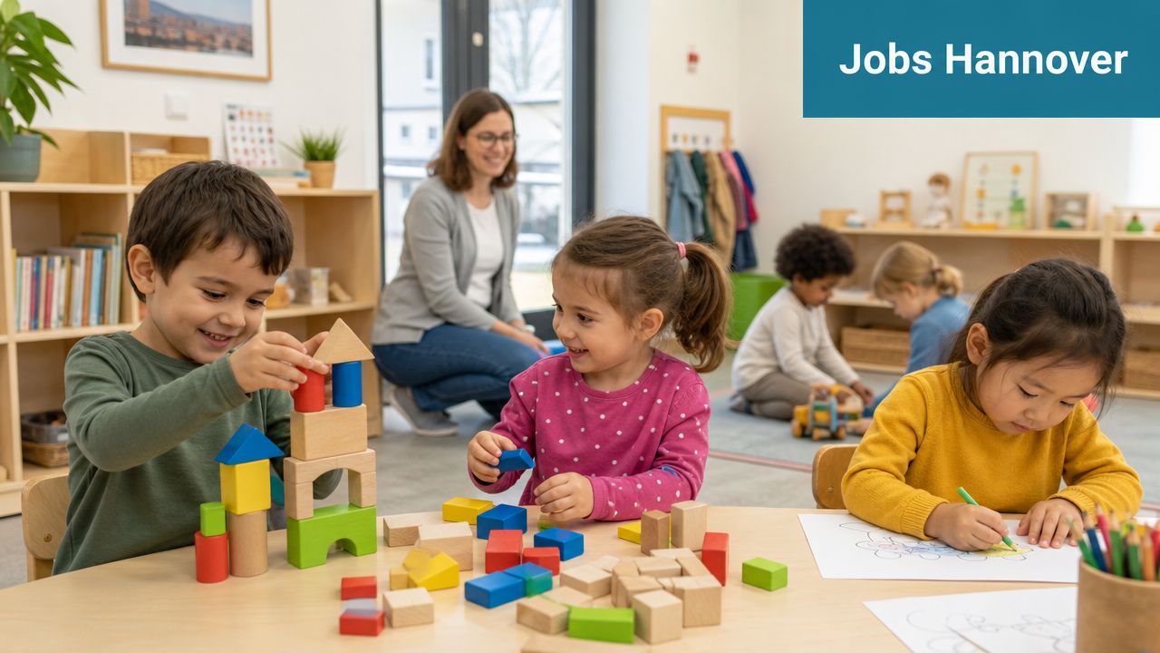 Ein Erzieher oder eine Erzieherin mit fröhlichen Kindern, die gemeinsam in einem modernen Kindergarten spielen und lernen.