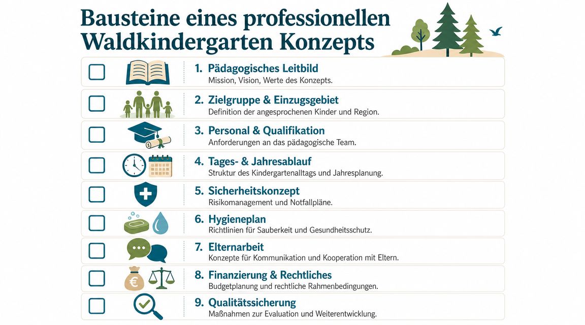 Eine Infografik, die die neun zentralen Bausteine eines professionellen Waldkindergarten-Konzepts übersichtlich mit Icons und Beschreibungen darstellt.