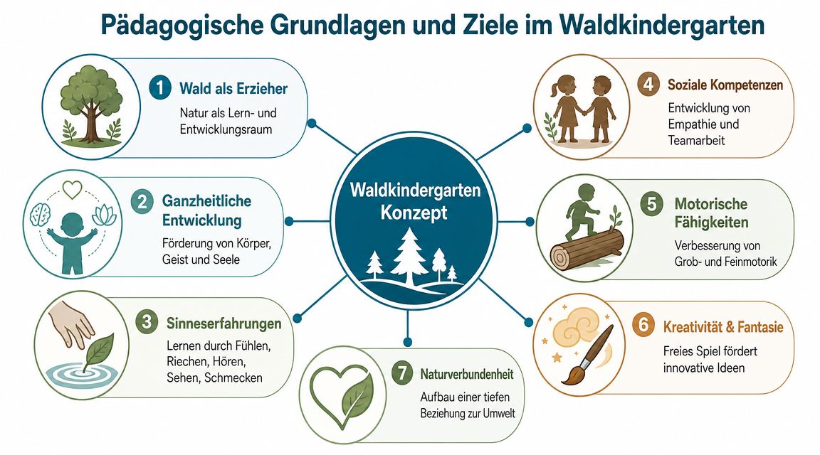 Grafische Darstellung der sieben pädagogischen Grundlagen und Ziele für das Konzept eines deutschen Waldkindergartens.