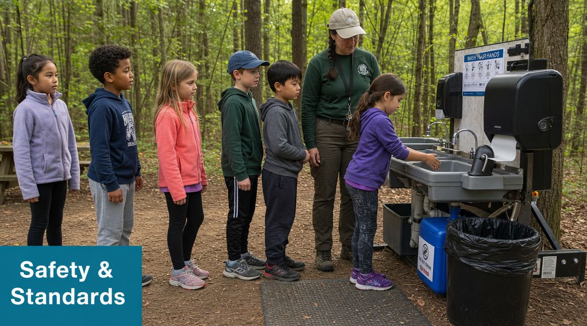 Eine Gruppe Kinder steht im Wald in einer Schlange, um sich an einer mobilen Station Hände zu waschen.