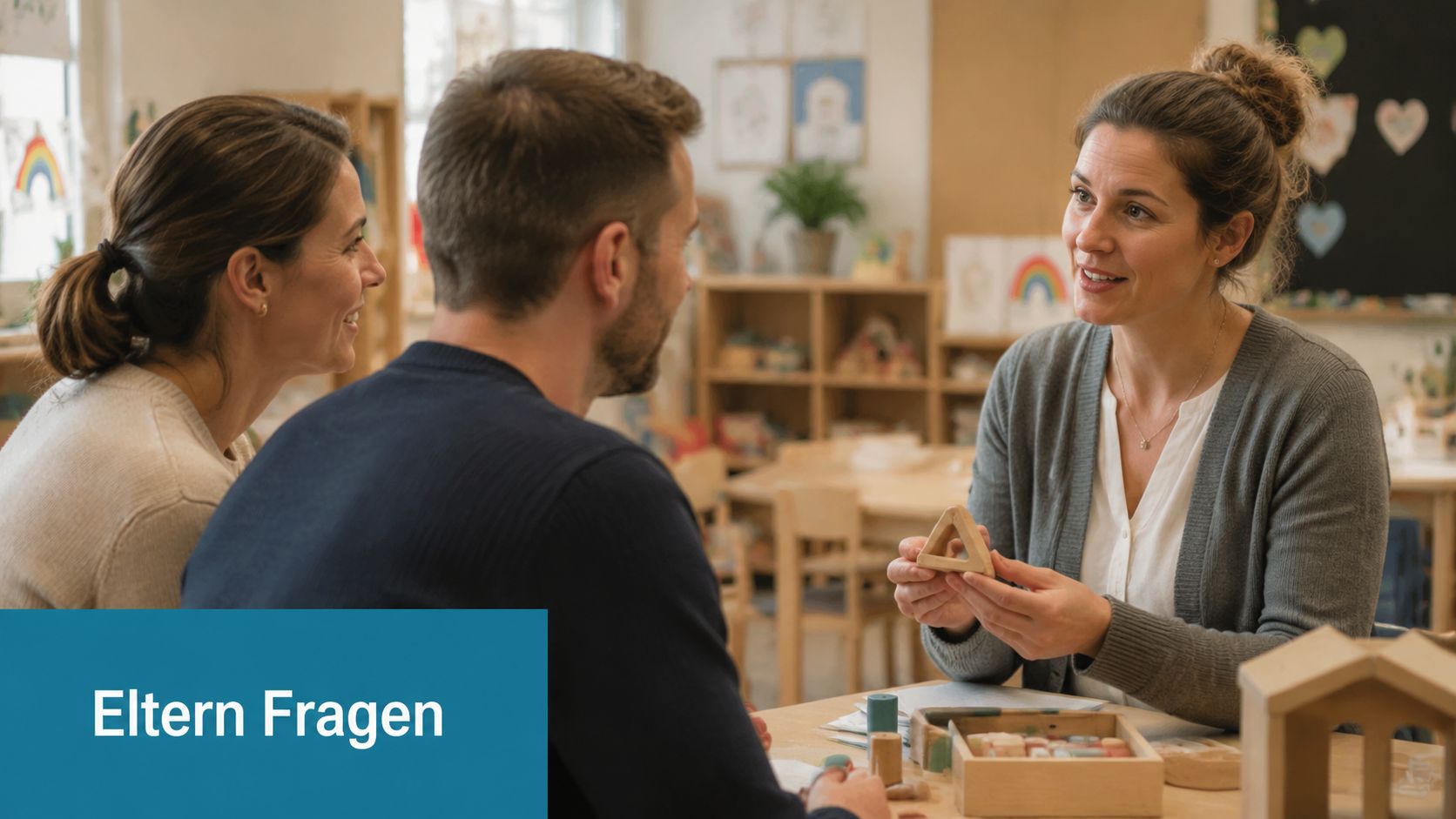 Ein Pädagoge spricht mit Eltern in einem Kindergarten über die Bedeutung und Konzepte des kindlichen Freispiels.