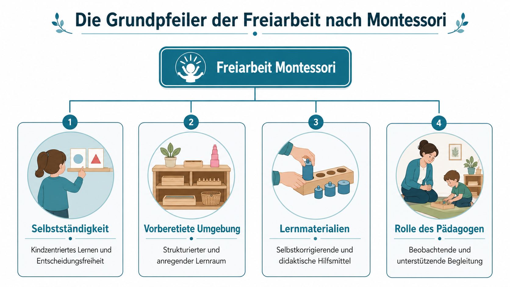 Eine Infografik mit vier Säulen, die die Grundprinzipien der Montessori-Freiarbeit mit erklärenden Begriffen übersichtlich darstellt.