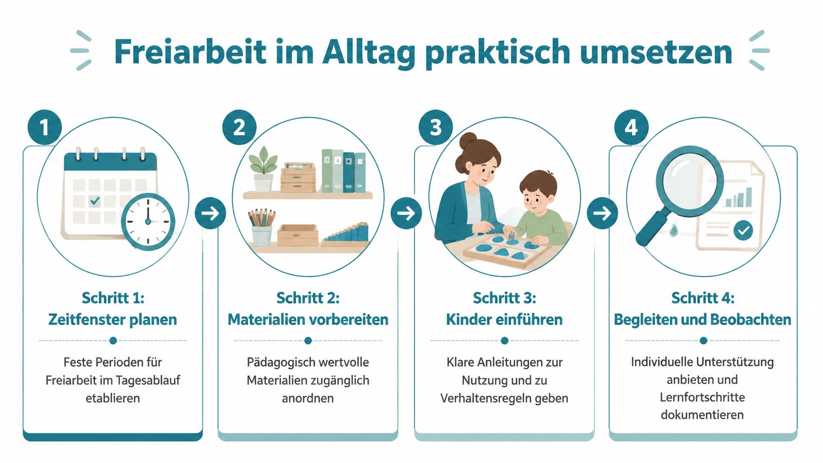 Eine Infografik mit vier Schritten zur praktischen Umsetzung von Freiarbeit im pädagogischen Alltag mit Kindern.