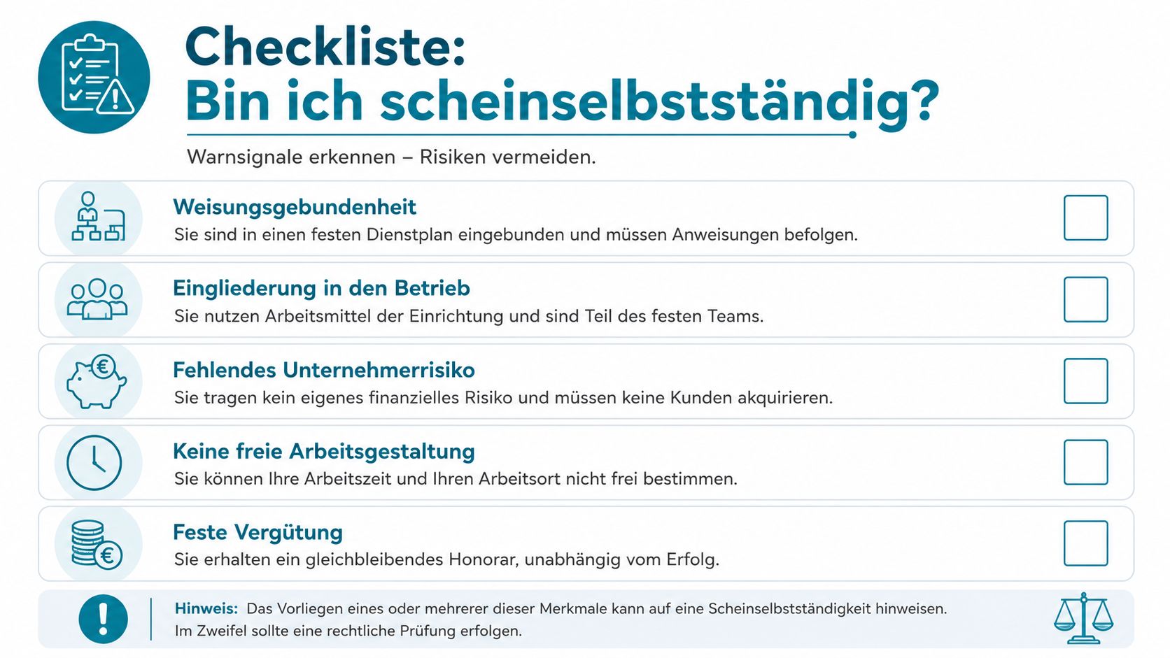 Eine Checkliste in deutscher Sprache zur Identifizierung von Merkmalen einer Scheinselbstständigkeit bei beruflichen Tätigkeiten.