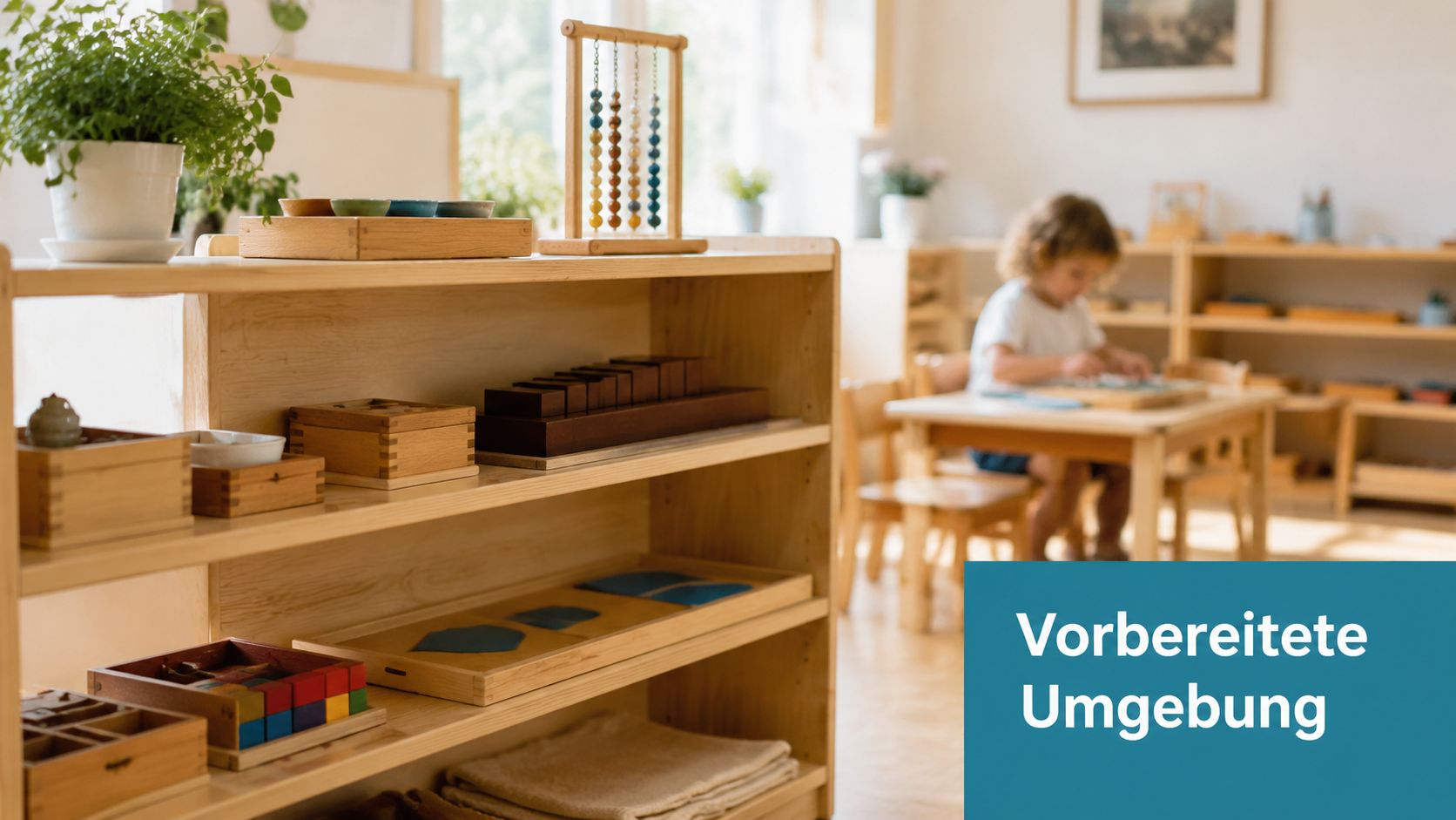 Ein helles, aufgeräumtes Montessori-Klassenzimmer mit Regalen voller Lernmaterialien und einem Kind, das am Tisch arbeitet.