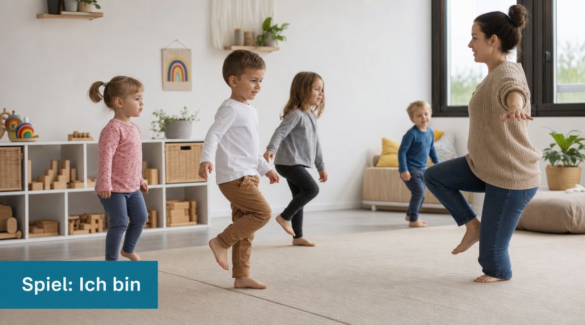 Eine Erzieherin und eine Gruppe kleiner Kinder spielen in einem Kindergarten ein Spiel auf einem Bein.