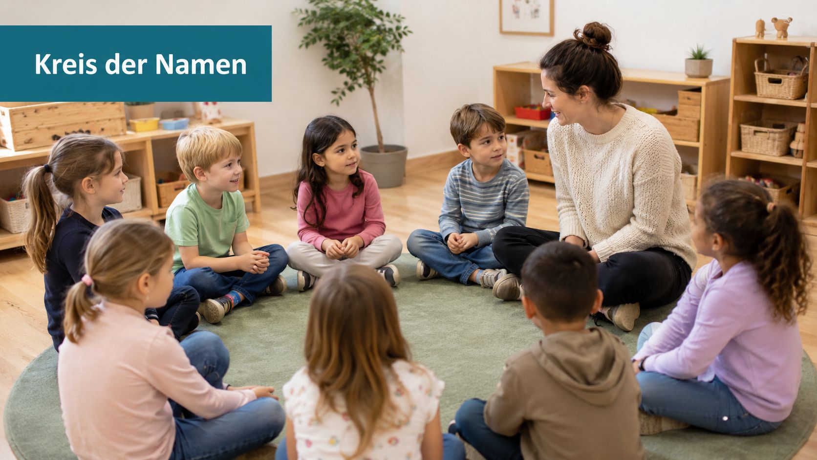 Eine Kindergartengruppe sitzt mit ihrer Lehrerin im Kreis auf einem Teppich für ein Kennenlernspiel.