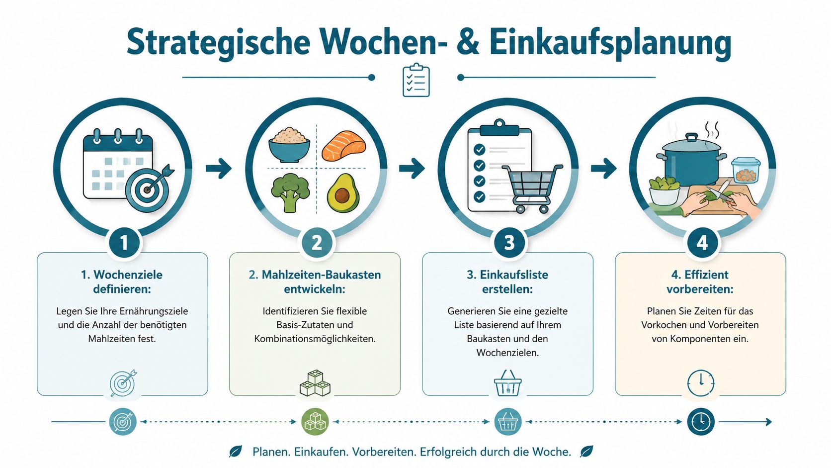 Eine Infografik zur strategischen Wochenplanung für gesunde Ernährung mit vier Schritten vom Ziel bis zur Vorbereitung.