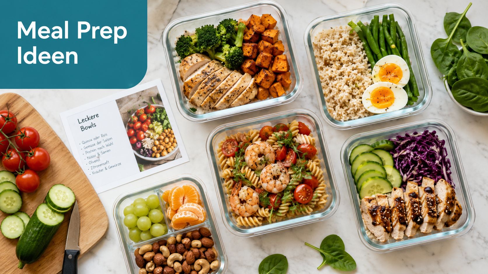 Draufsicht auf verschiedene Meal Prep Glasbehälter mit gesunden Mahlzeiten, Gemüse und frischen Zutaten auf einem Marmortisch.