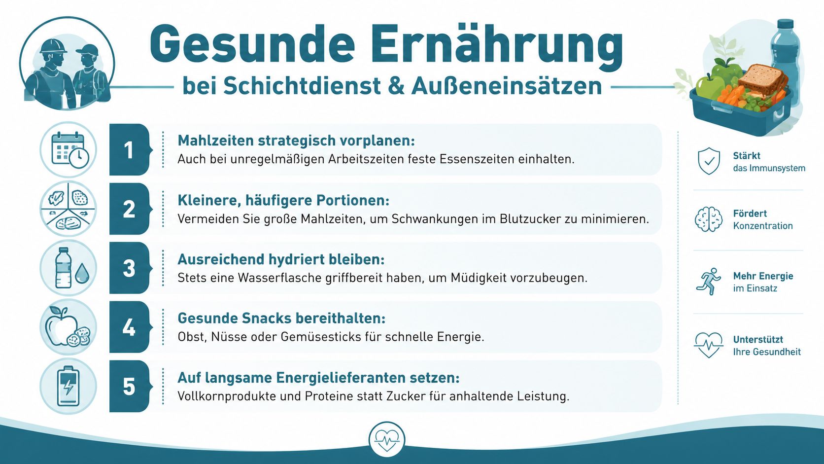 Eine Infografik mit fünf Tipps für gesunde Ernährung und regelmäßige Mahlzeiten bei Schichtdienst und Außeneinsätzen.