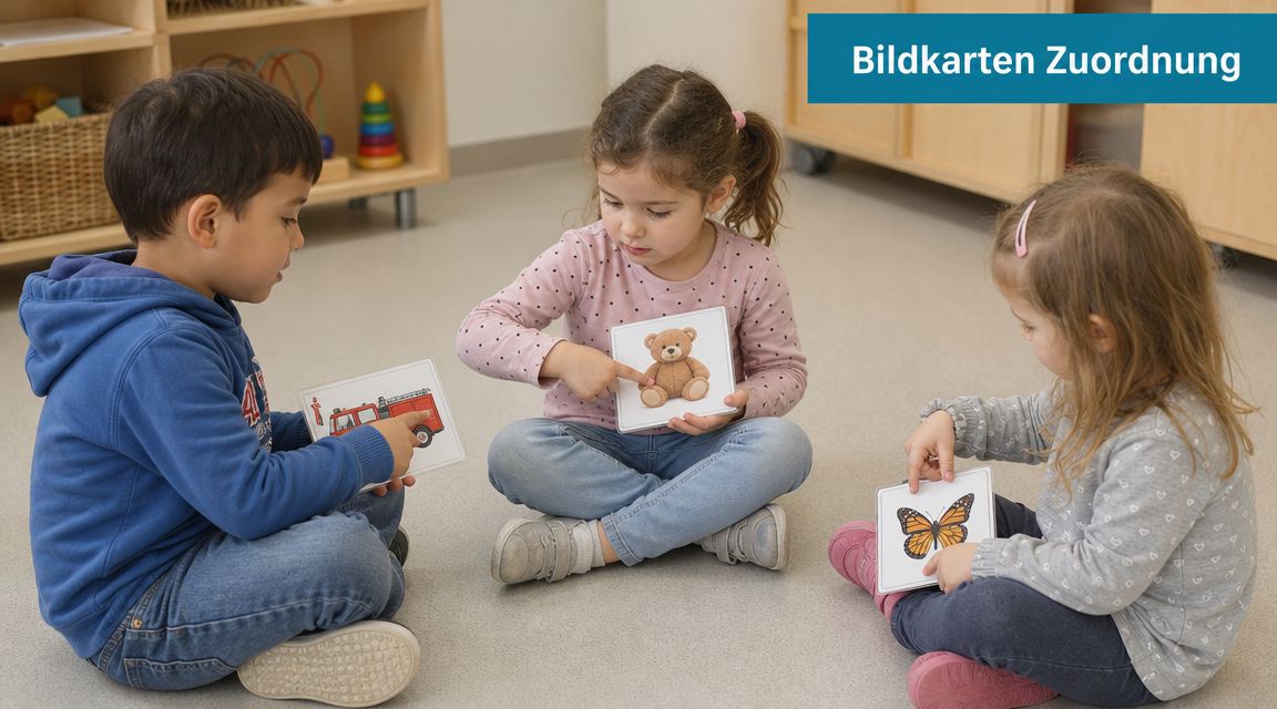 Drei Kleinkinder sitzen auf dem Boden und schauen sich gemeinsam bunte Bildkarten an, um spielerisch Wörter zu lernen.