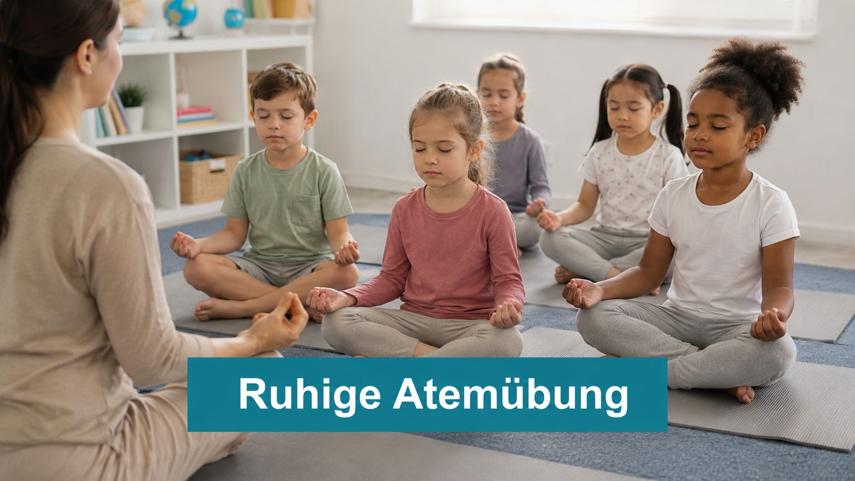 Eine Kindergärtnerin führt mit einer Gruppe von Kindern eine ruhige und entspannende Atemübung im Morgenkreis durch.