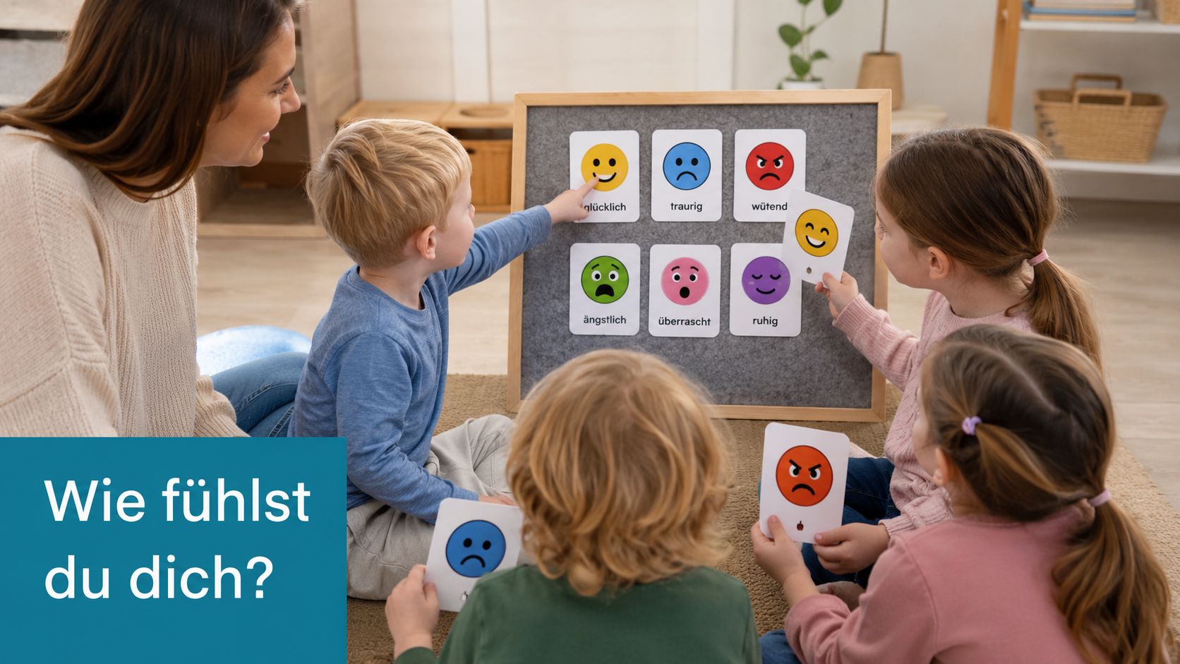 Eine Lehrerin und vier Kinder sitzen im Kreis und lernen mithilfe von Bildkarten verschiedene Emotionen im Kindergarten kennen.
