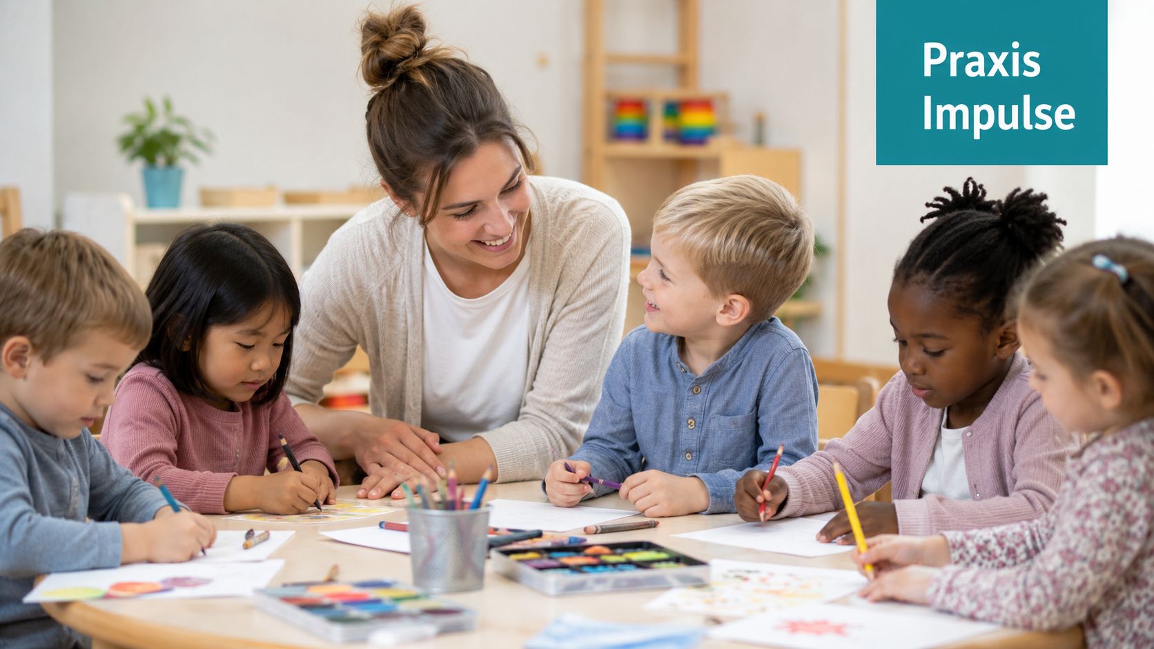 Eine freundliche Lehrerin sitzt mit einer Gruppe von Kindern unterschiedlicher Herkunft an einem Tisch beim Malen.