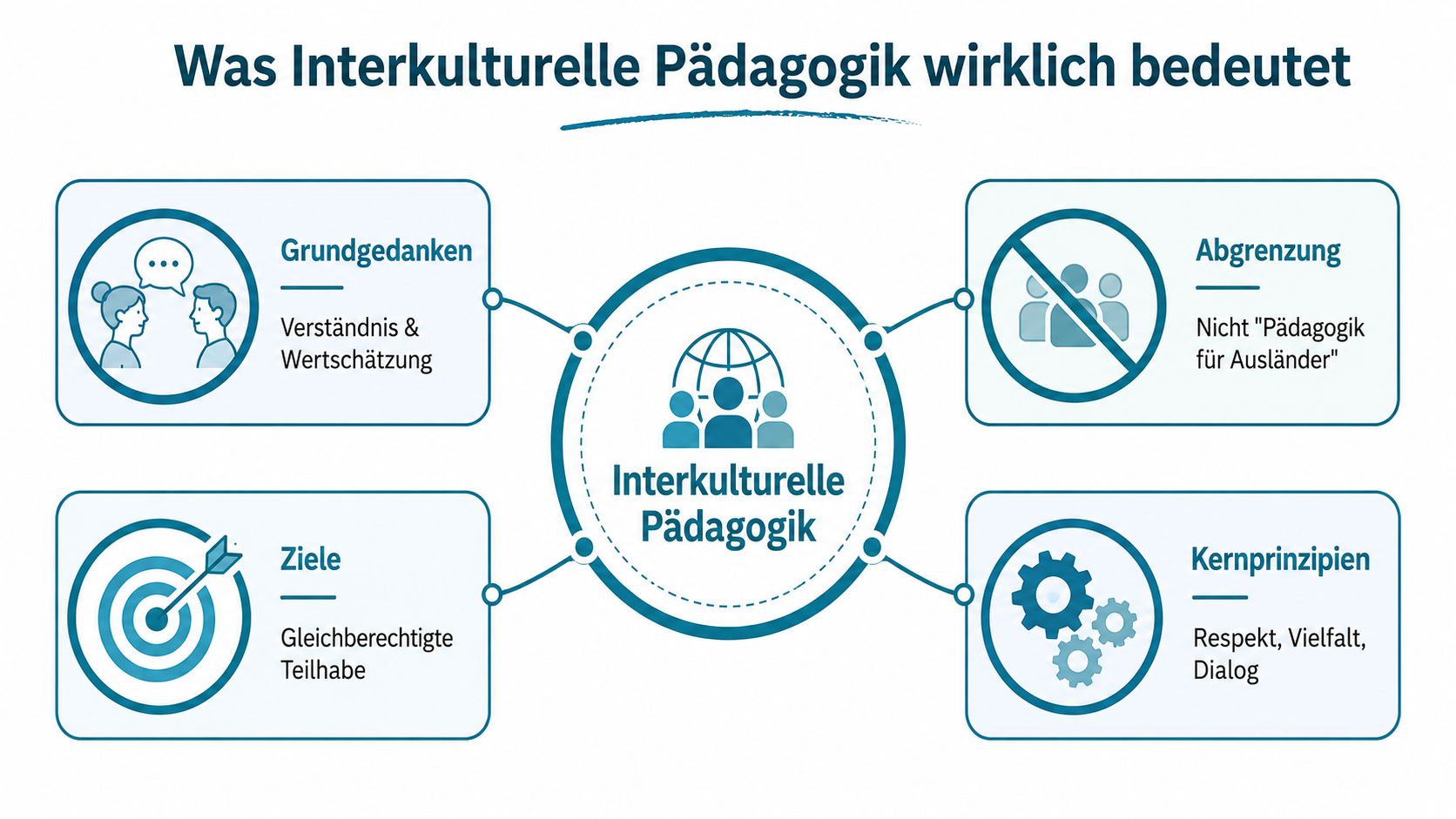 Eine Infografik erklärt die Grundlagen, Ziele und Kernprinzipien der interkulturellen Pädagogik in einem klaren visuellen Schema.