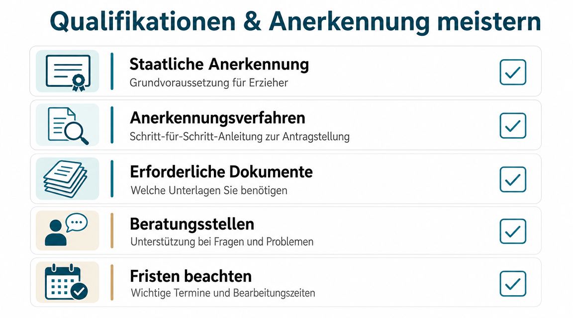Eine Übersichtsgrafik zum Thema Qualifikation und Anerkennung für den Beruf des Erziehers in Deutschland.