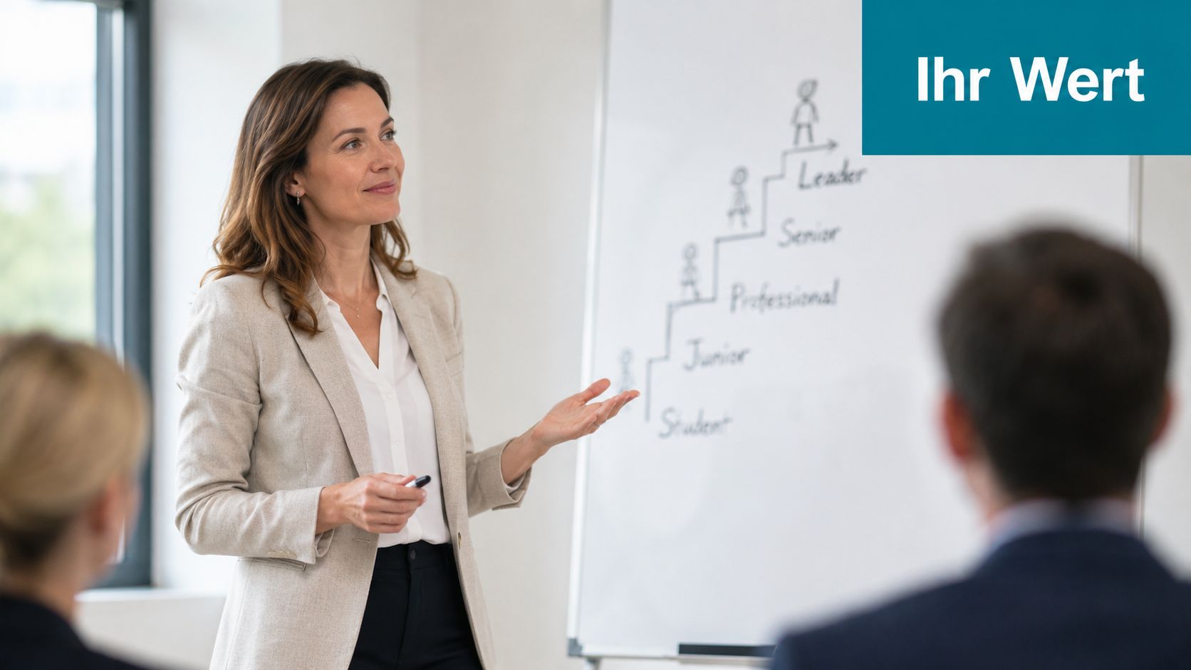 Eine professionelle Geschäftsfrau hält eine Präsentation vor Kollegen über verschiedene Karrierestufen auf einem Whiteboard.