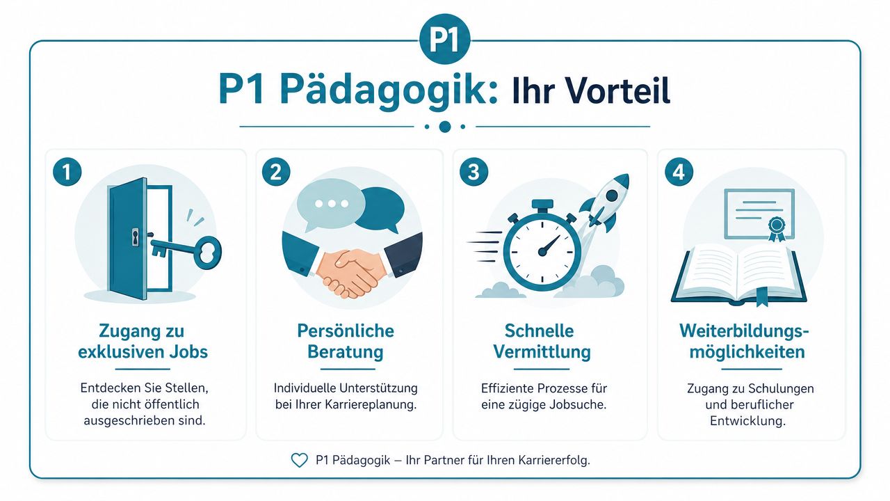 Eine Infografik mit vier Vorteilen der P1 Pädagogik für Erzieher und pädagogische Fachkräfte bei der Jobsuche.