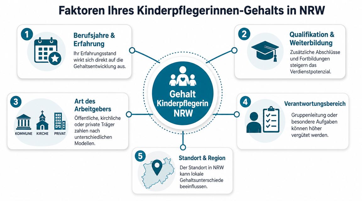 Eine Infografik erklärt die fünf entscheidenden Faktoren für das Gehalt von Kinderpflegerinnen in Nordrhein-Westfalen.