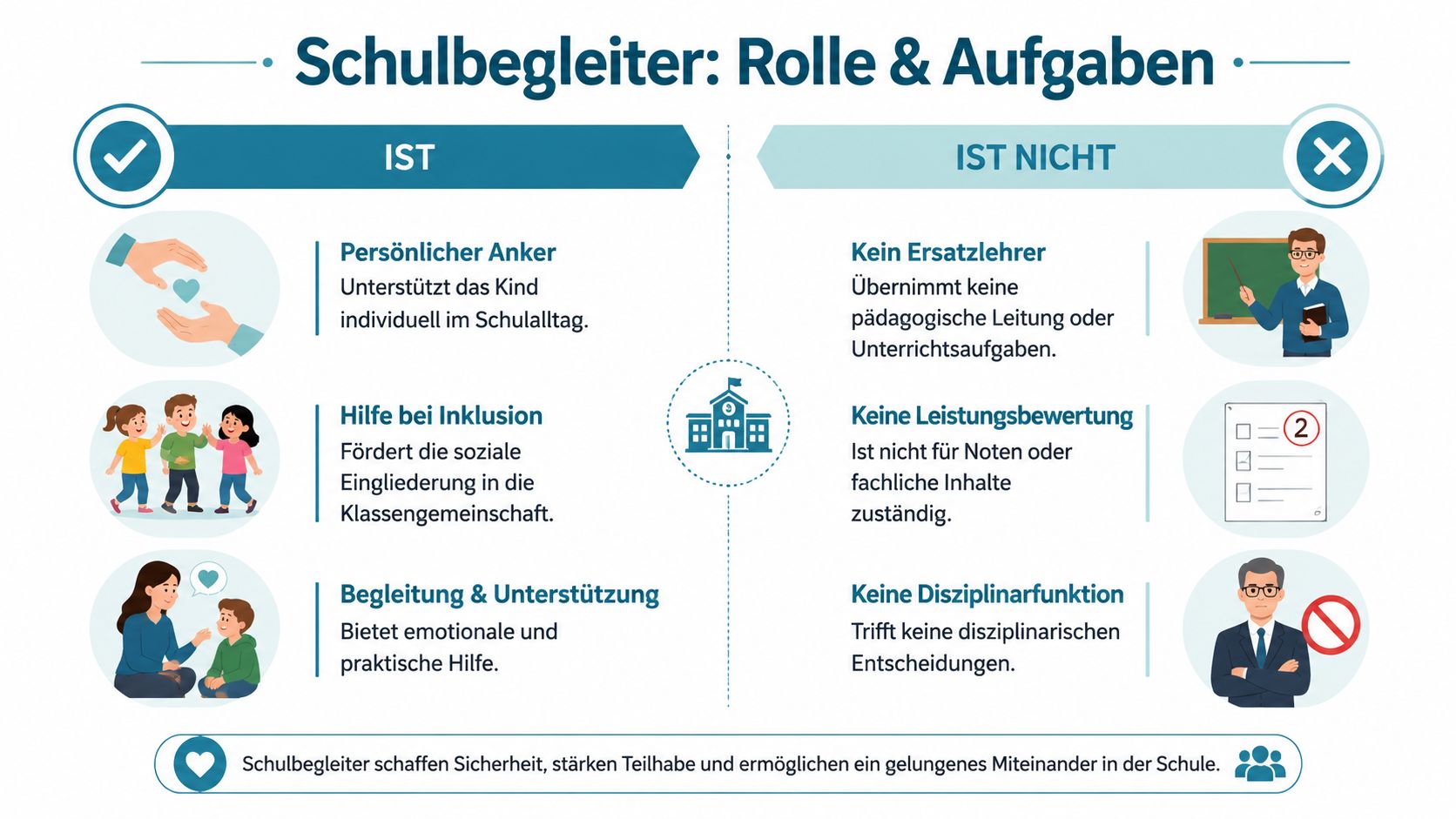 Eine Infografik erklärt die unterstützende Rolle und die Grenzen eines Schulbegleiters im Schulalltag.