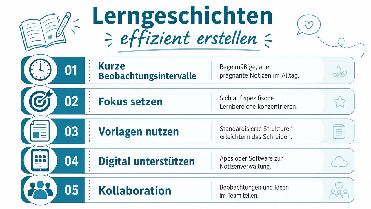 Eine Infografik mit fünf Tipps zur effizienten Erstellung von Lerngeschichten im pädagogischen Alltag.