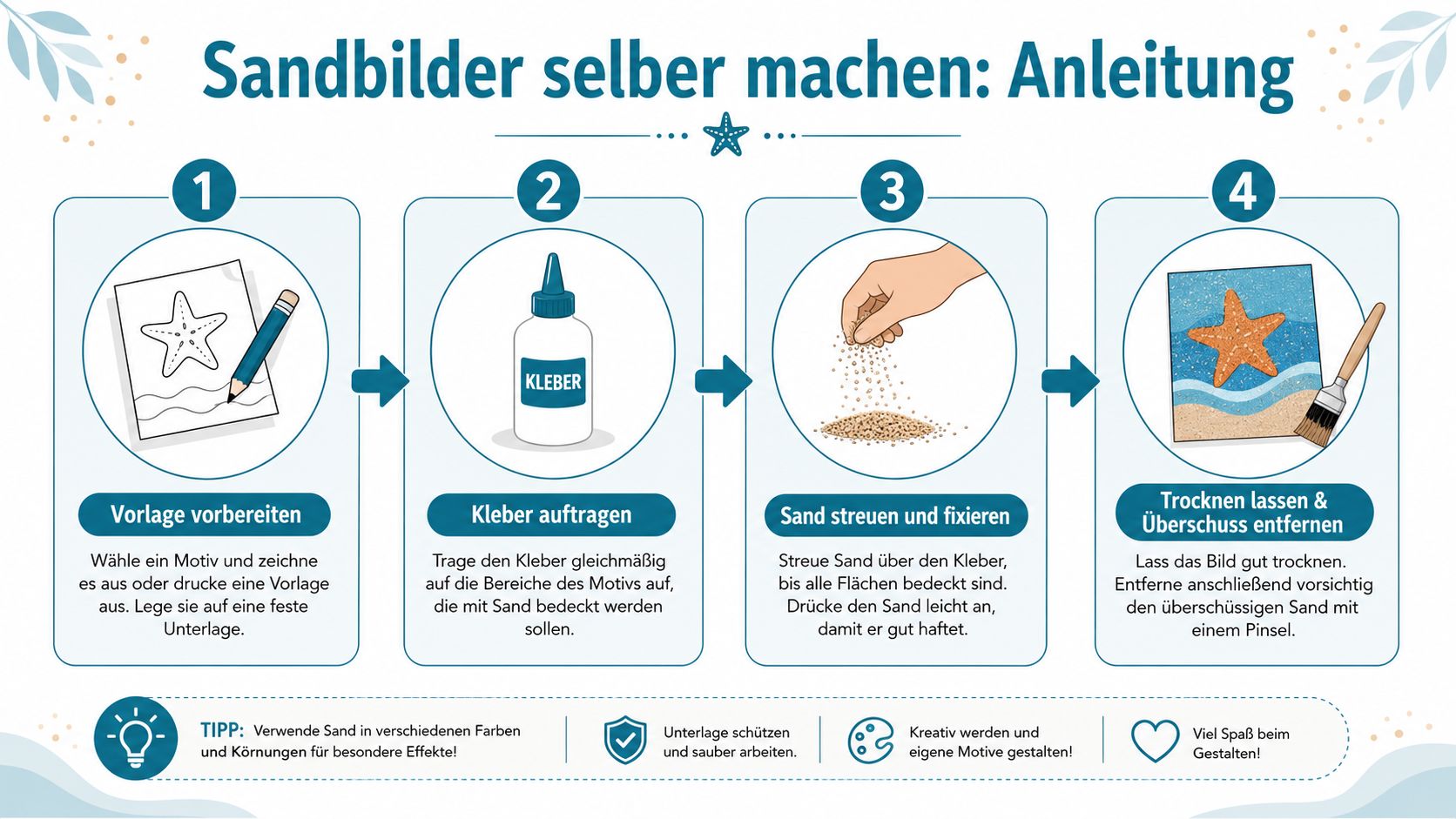 Eine Schritt-für-Schritt-Anleitung mit vier Phasen, die erklärt, wie man Sandbilder kreativ selbst gestalten kann.