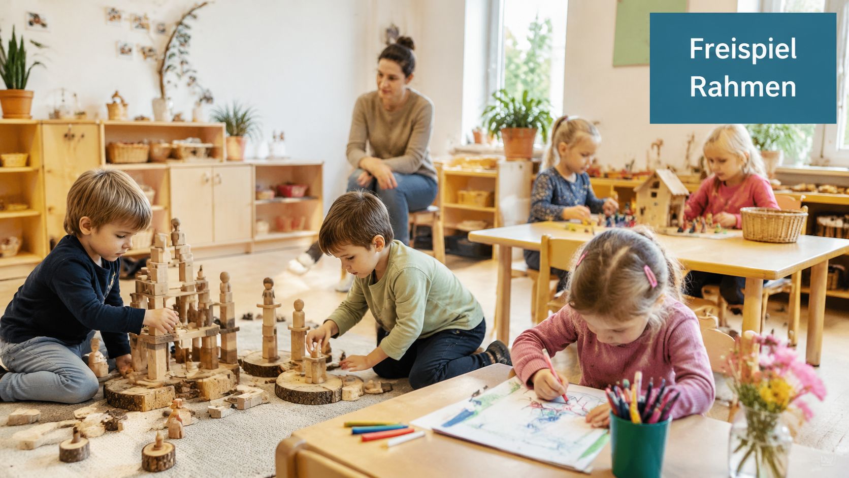Eine Kindergartengruppe spielt gemeinsam im Freispiel in einem hellen und freundlich eingerichteten Gruppenraum mit einer Erzieherin.