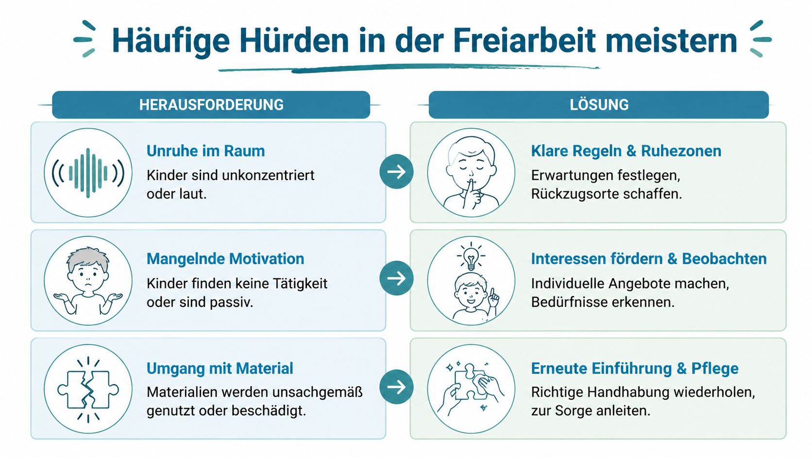Eine Übersichtstabelle mit Herausforderungen und Lösungen für die pädagogische Freiarbeit in Schule oder Kindergarten.