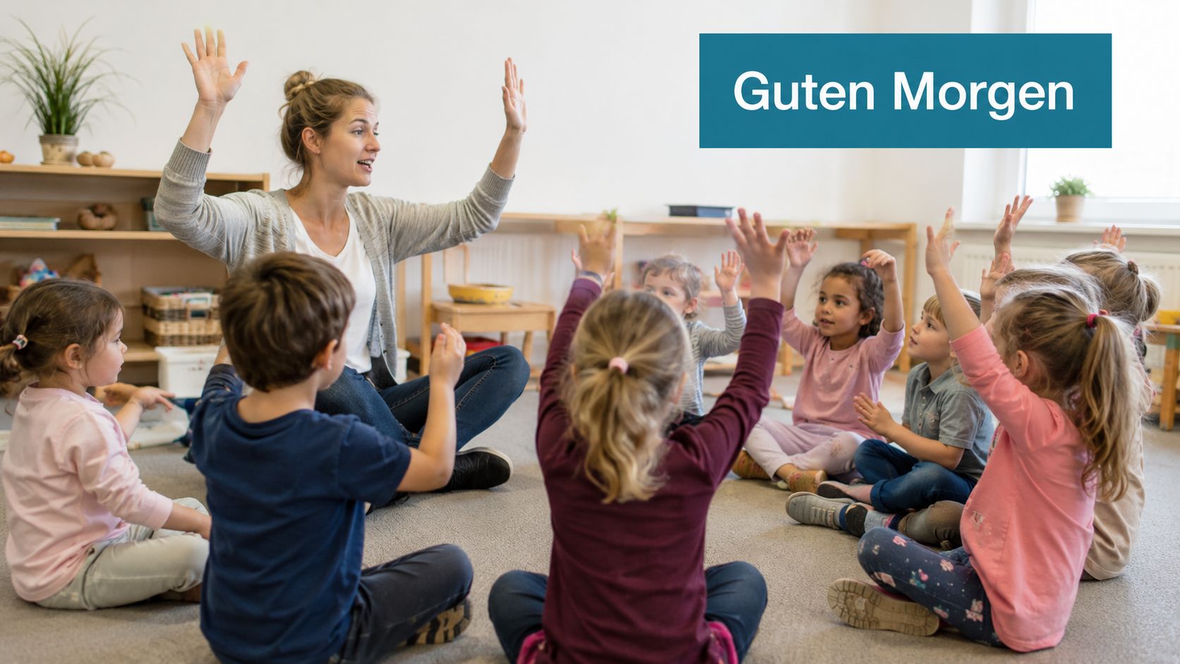 Eine Kindergartengruppe sitzt im Morgenkreis und hebt gemeinsam mit ihrer Erzieherin die Arme in die Luft.