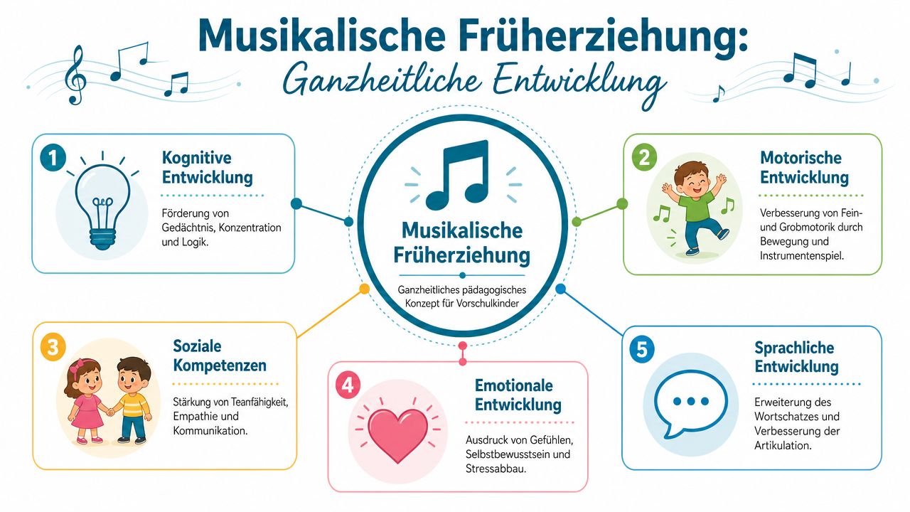 Eine Infografik zur musikalischen Früherziehung, die fünf Bereiche der ganzheitlichen Entwicklung bei Vorschulkindern übersichtlich darstellt.