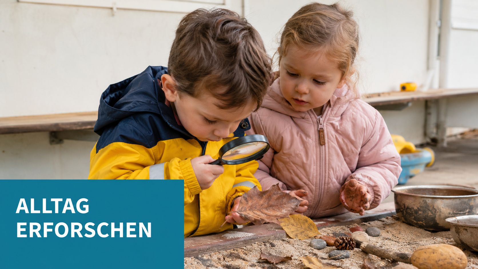 Ein Junge und ein Mädchen untersuchen gemeinsam mit einer Lupe verschiedene Naturmaterialien im Sandkasten.