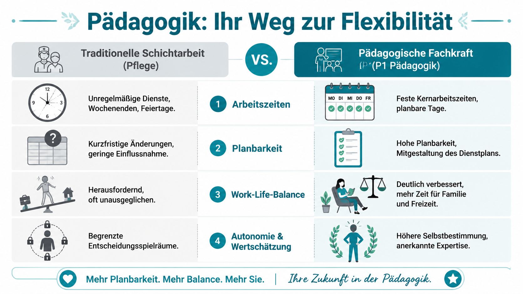 Grafischer Vergleich zwischen traditioneller Schichtarbeit in der Pflege und flexiblen Arbeitsmodellen in pädagogischen Berufen.