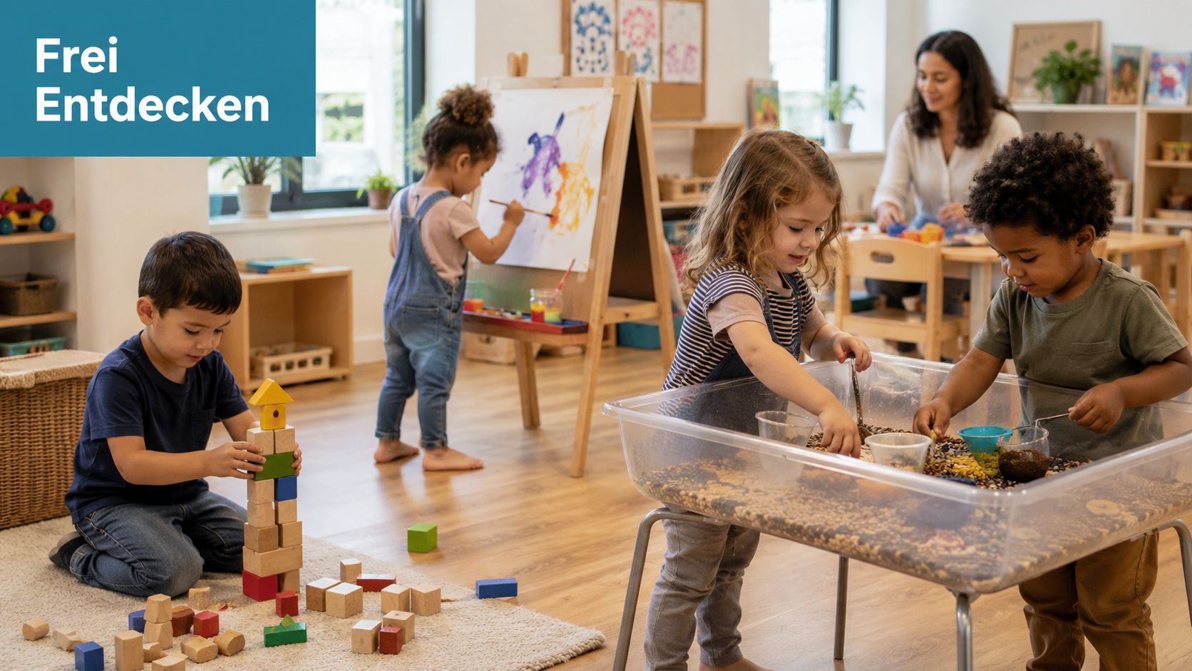 Kinder spielen gemeinsam in einer Kita mit Bauklötzen, an einer Staffelei und an einem sensorischen Spieltisch.
