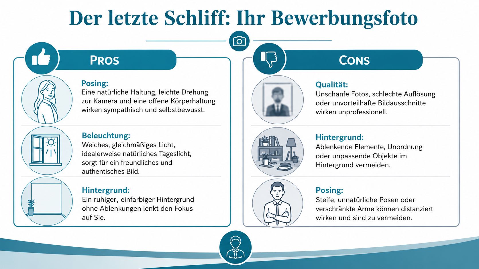 Eine Infografik mit Tipps für ein professionelles Bewerbungsfoto, unterteilt in positive Ratschläge und zu vermeidende Fehler.