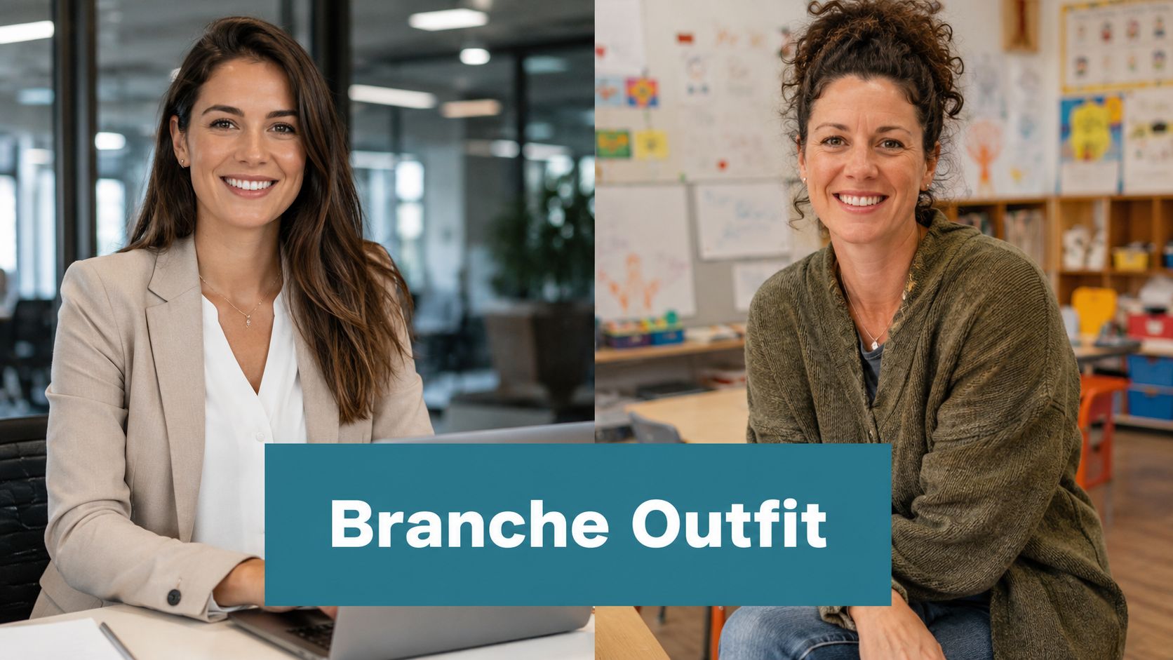 Ein Vergleich zwischen einem professionellen Business-Outfit für Bewerbungen und einem legeren Outfit für den Arbeitsalltag.