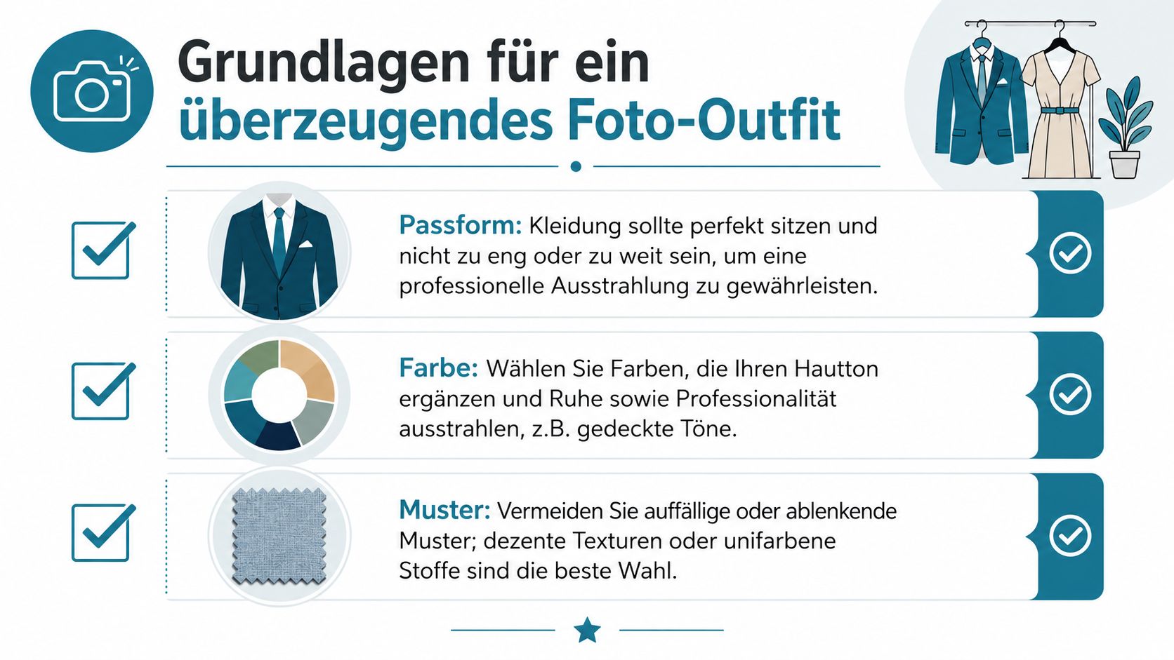 Infografik mit Tipps für ein professionelles Bewerbungsfoto, Fokus auf Passform, Farbe und dezente Muster der Kleidung.