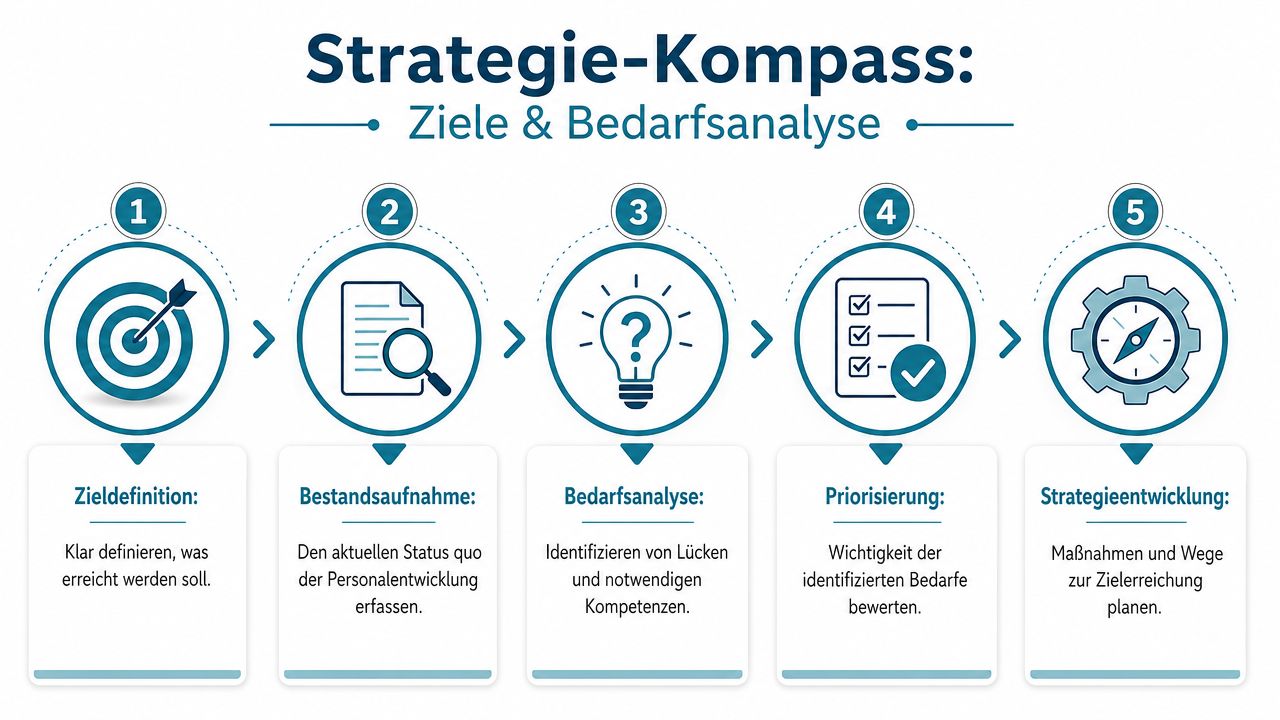 Eine Infografik zum Strategie-Kompass, die fünf Schritte der Personalentwicklung von der Zieldefinition bis zur Strategieentwicklung zeigt.