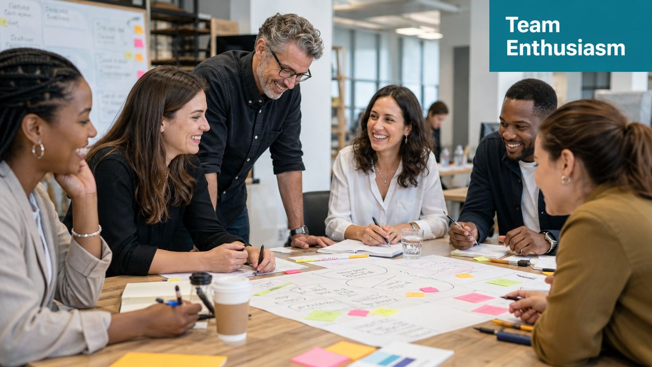 Ein diverses Team von Fachleuten arbeitet gemeinsam an einer kreativen Strategieplanung an einem großen Konferenztisch im Büro.