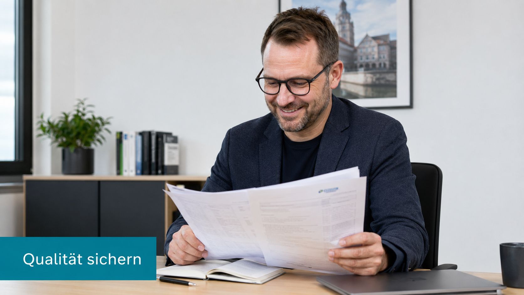 Ein lächelnder Mann mit Brille und Sakko liest Dokumente an seinem Schreibtisch in einem modernen Büro.