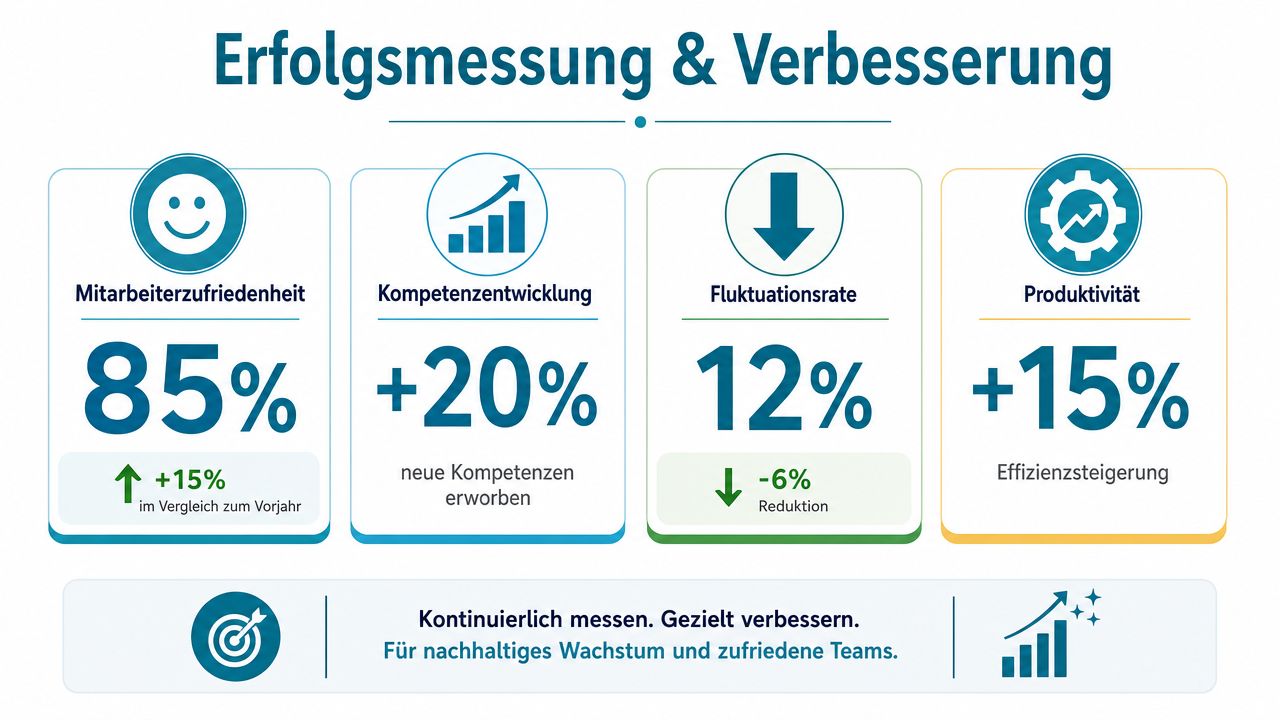 Grafik zur Erfolgsmessung und Verbesserung von Mitarbeiterkennzahlen wie Zufriedenheit, Kompetenzentwicklung, Fluktuationsrate und Produktivität im Unternehmen.