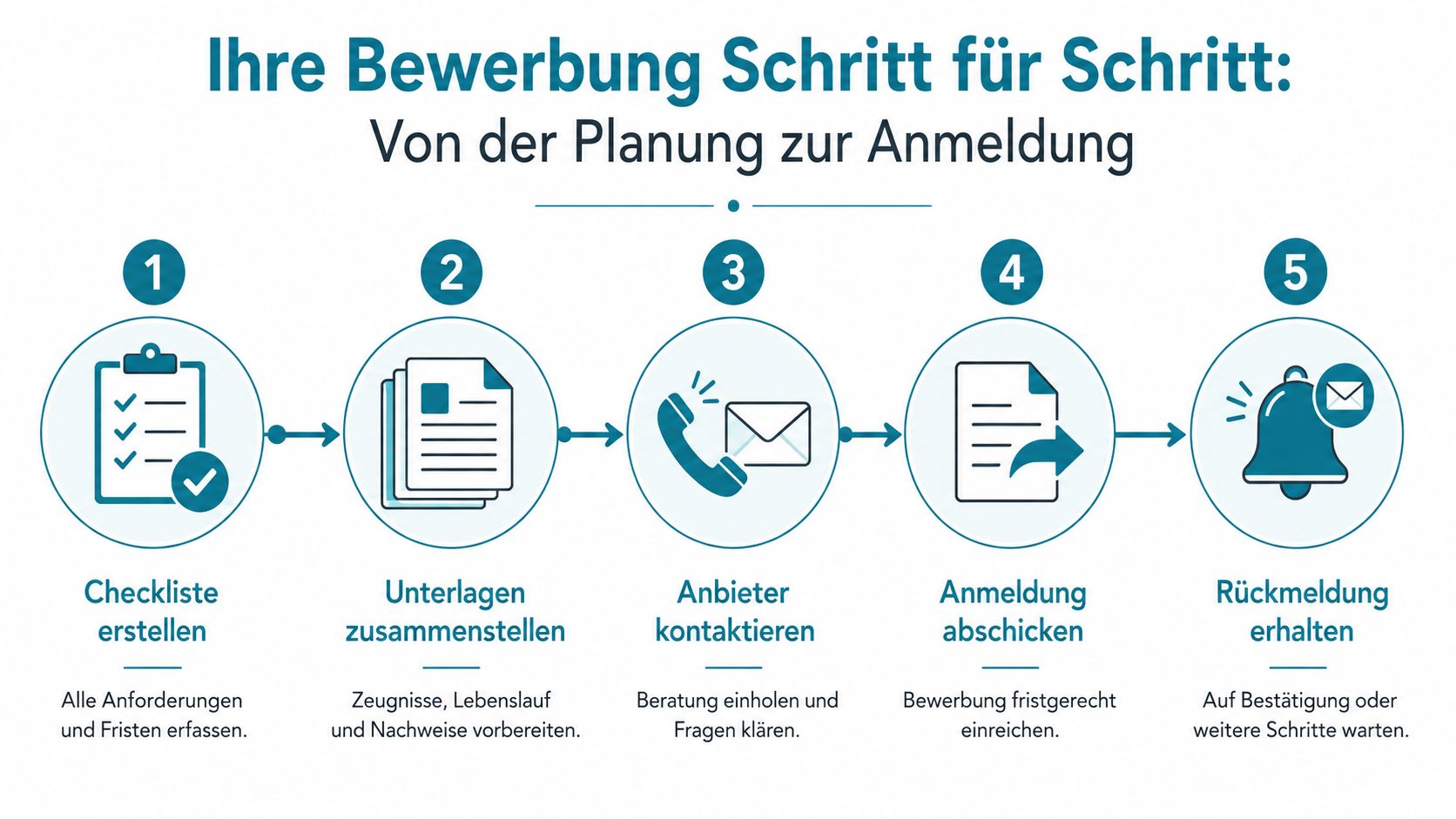 Eine Infografik zur schrittweisen Erläuterung des Bewerbungsprozesses für eine pädagogische Fachkraft von der Planung bis zur Rückmeldung.