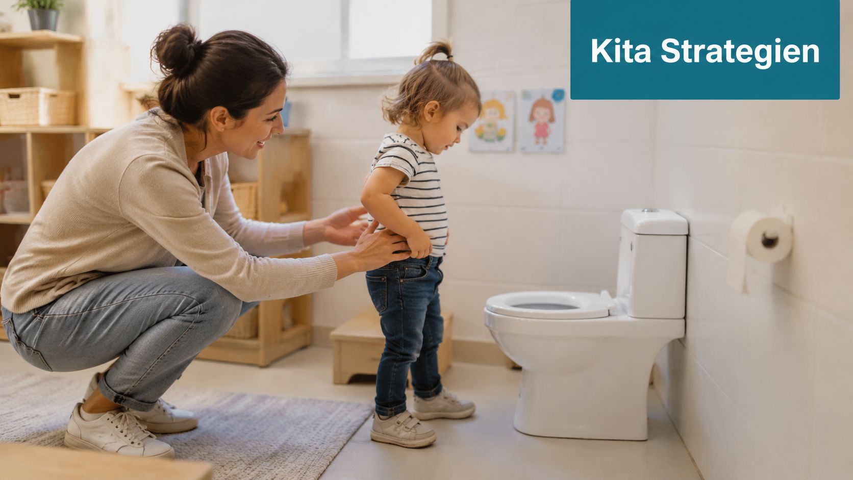 Eine Erzieherin hilft einem kleinen Kind im Kindergarten dabei, selbstständig die Toilette zu benutzen.