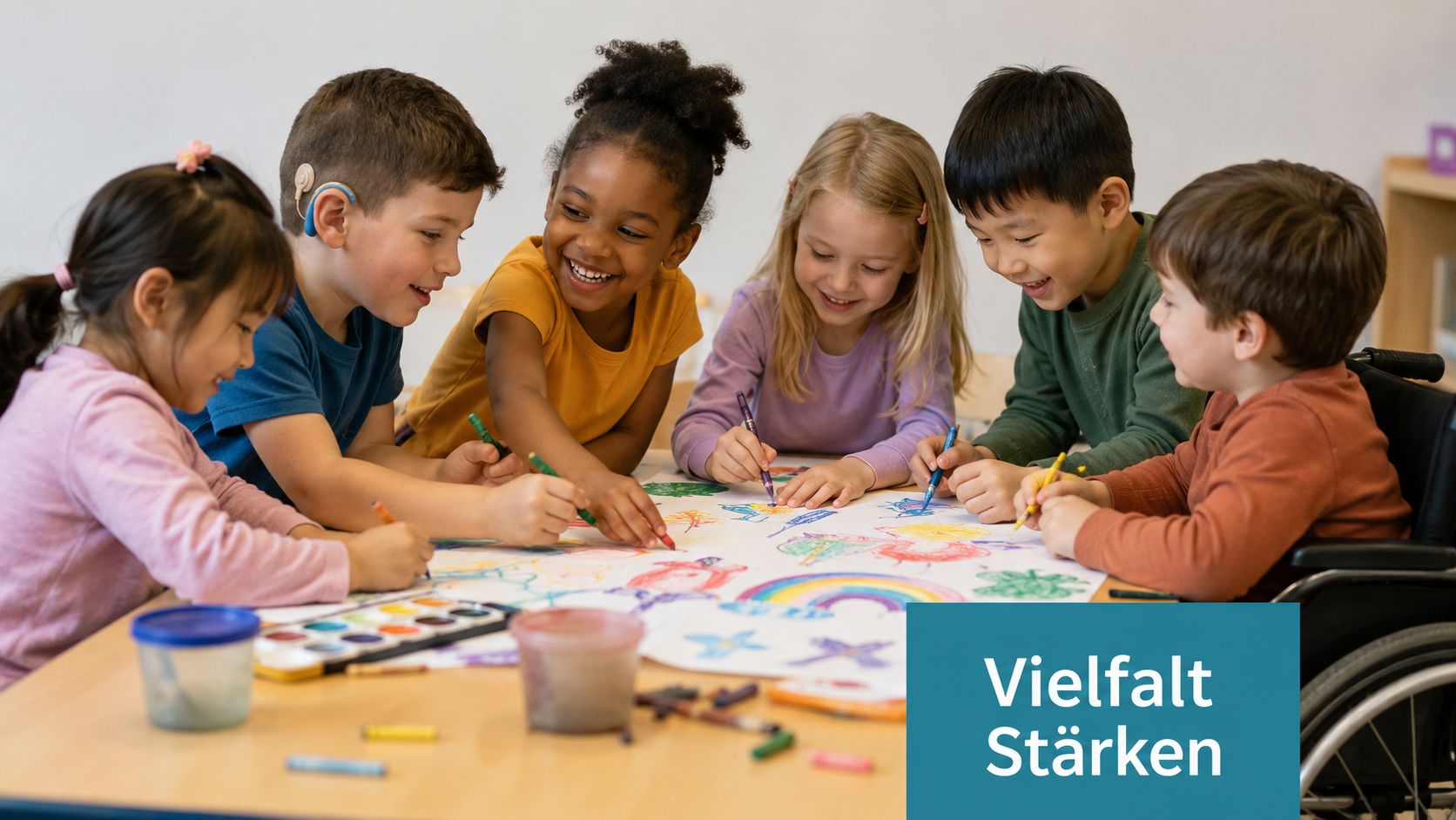 Eine Gruppe diverser Kinder sitzt gemeinsam an einem Tisch und malt mit bunten Stiften auf Papier.